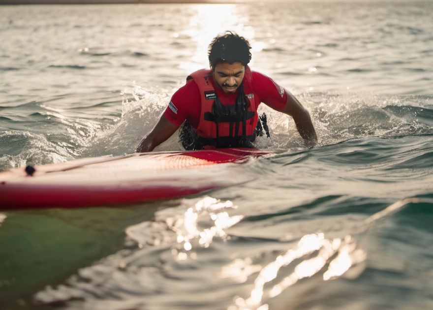 Man getting back on a paddleboard after falling off