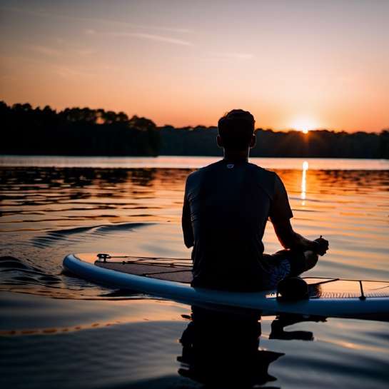 Man sitting on paddleboard on lake with sunset