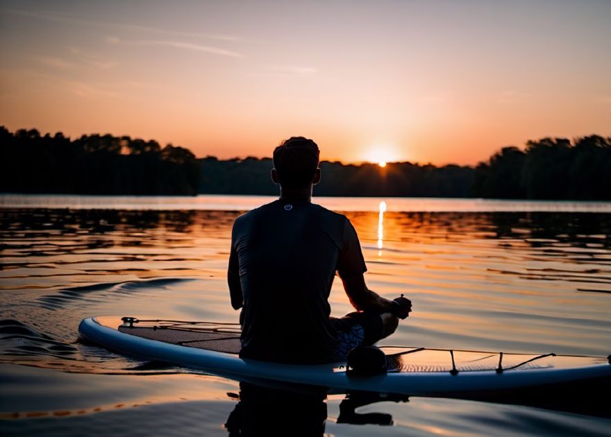 Man sitting on paddleboard on lake with sunset