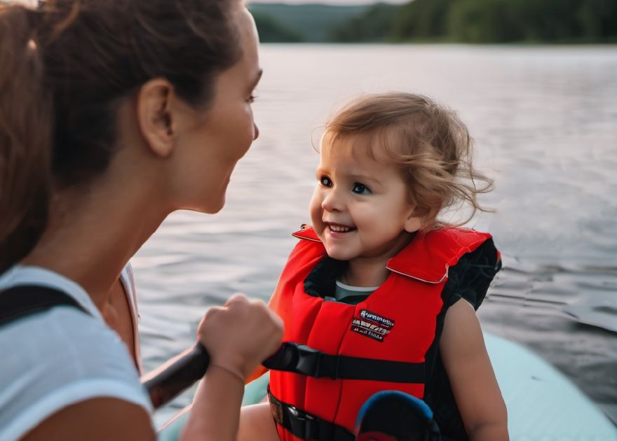 Mother and toddler on a paddle board