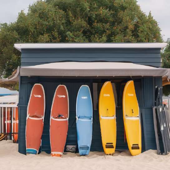 A paddle board renting kiosk on a beach