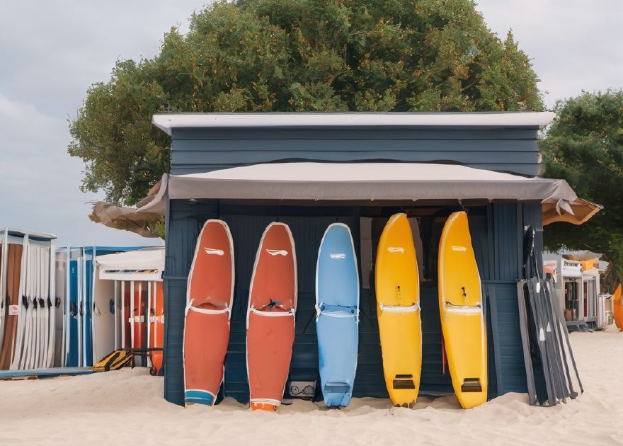 A paddle board renting kiosk on a beach