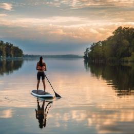 Woman learning to paddleboard on a SUP on a lake