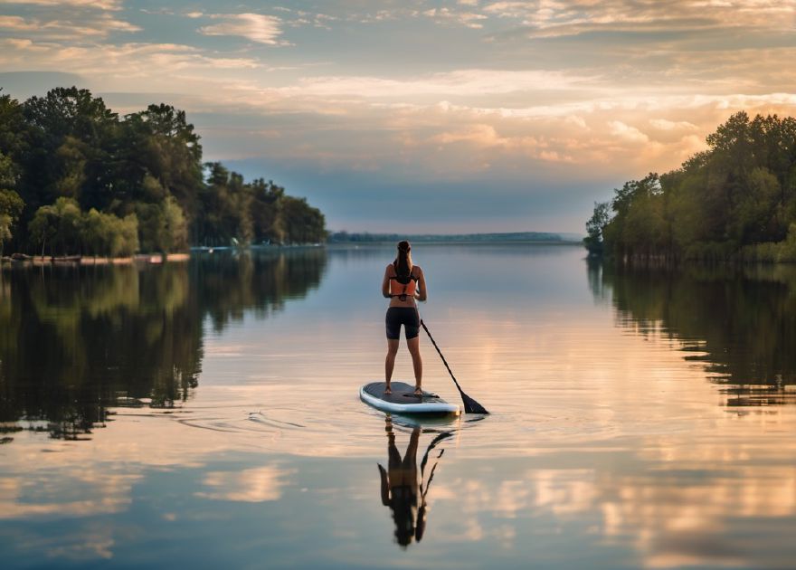 Woman learning to paddleboard on a SUP on a lake