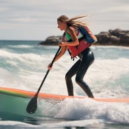 Woman learning how to paddleboard in the ocean